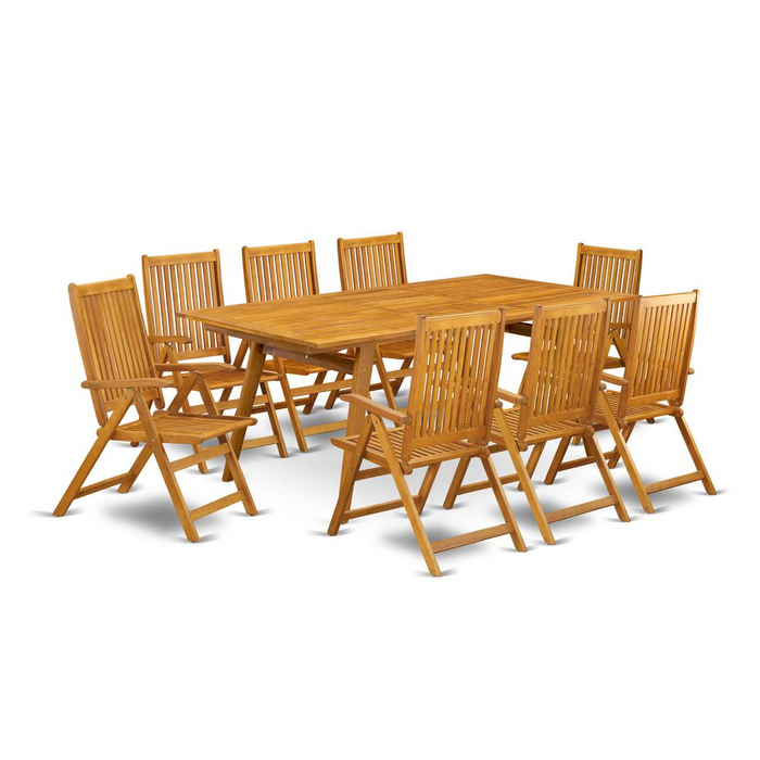 East West Furniture DECN9C5NA 9-Pc Outdoor Dining Table Set - 8 Folding Arm Chairs - Slatted Back & Rectangular Patio Table - Natural Oil Finish