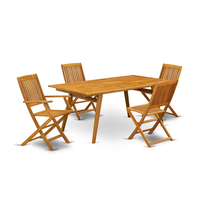 East West Furniture 5-Pc Outdoor Dining Set – Natural Oil Finish, 4 Slatted Back Patio Chairs & Small Rectangular Table