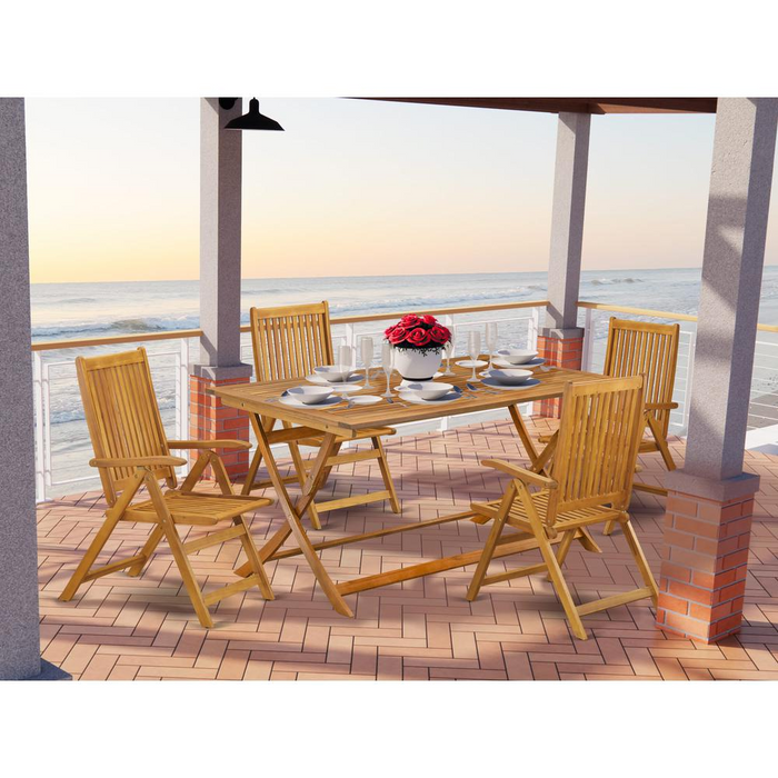 5 Piece Patio Dining Set - Natural Oil Finish - Multi-Position Folding Chairs & Rectangular Table