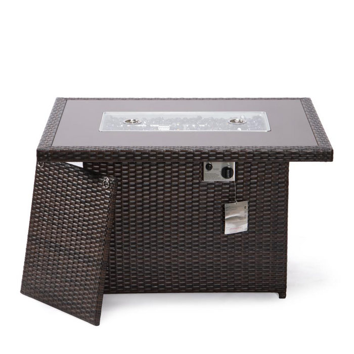 LeisureMod Mace Wicker Patio Modern Propane Fire Pit Table, Dark Brown - Cozy, Elegant, and Functional Outdoor Ambiance