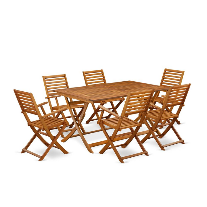 East West Furniture 7 Piece Bistro Table Set Outdoor - Perfect for Beach, Camping, Picnics - Wooden Folding Table with 6 Modern Dining Chairs in Natural Oil Finish