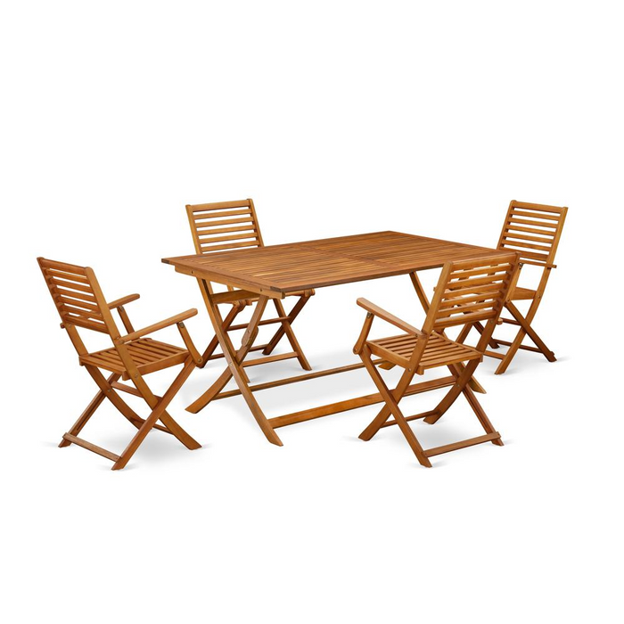 East West Furniture 5 Piece Superior Patio Dining Table Set - Ideal for Beach, Camping, Picnics - Beautiful Bistro Table with 4 Armrest-Free Outdoor Folding Chairs - Natural Oil Finish