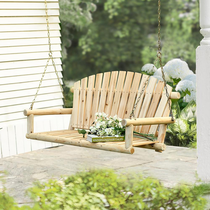 Natural Unfinished Wood Log Cabin Porch Swing with Chains