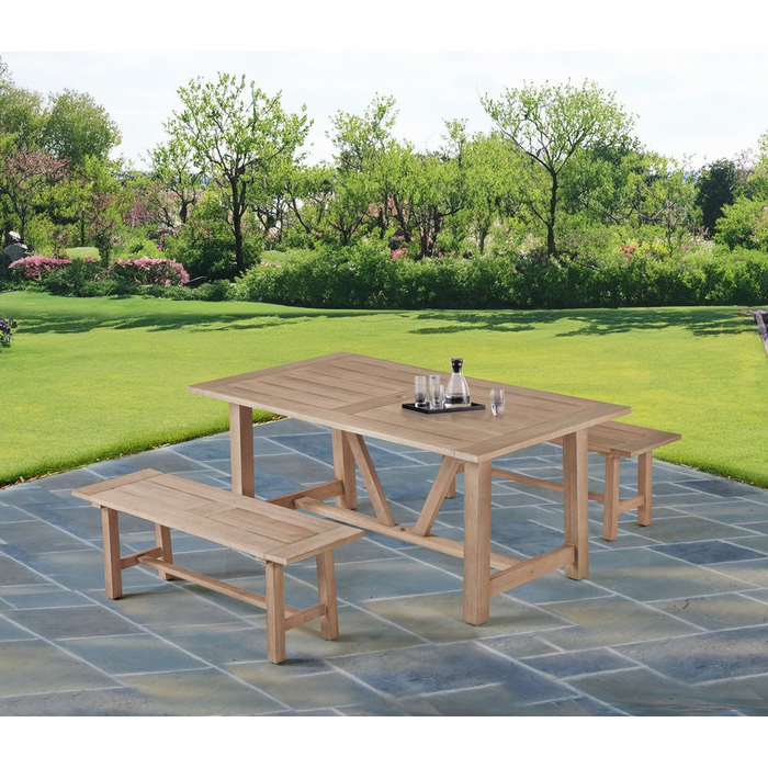 Rustic Light Oak Outdoor Dining Set - Acacia Wooden Table with 2 Benches | Durable Patio Furniture