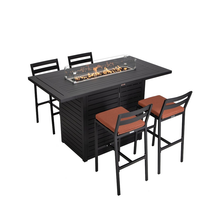 Aluminum Outdoor Dining Set with Fire Pit Table & Bar Chairs - 5-Piece Patio Bar Set