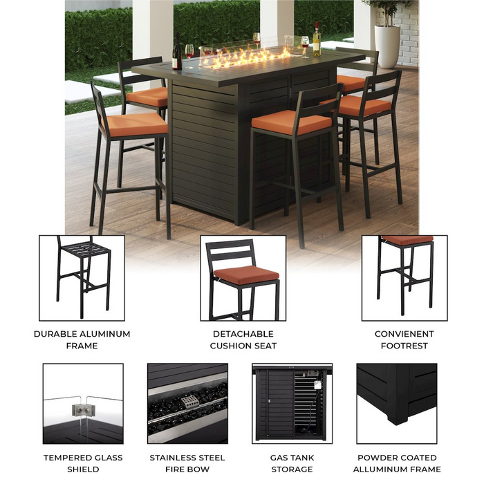 Aluminum Outdoor Dining Set with Fire Pit Table & Bar Chairs - 5-Piece Patio Bar Set