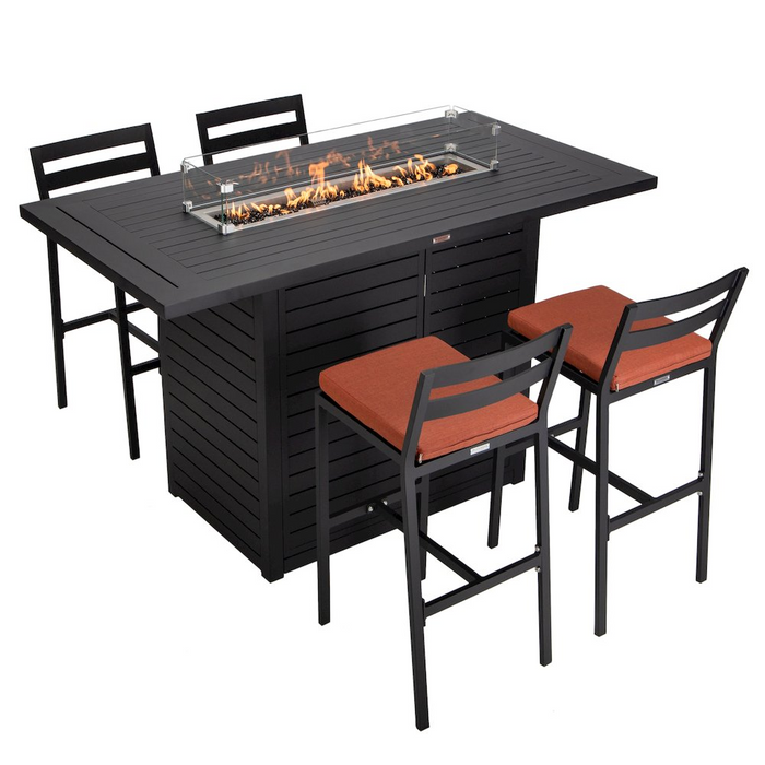 Aluminum Outdoor Dining Set with Fire Pit Table & Bar Chairs - 5-Piece Patio Bar Set