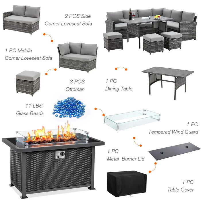 Outdoor Modern Garden Furniture Wicker Rattan Patio Furniture Set With Fire Pit Table